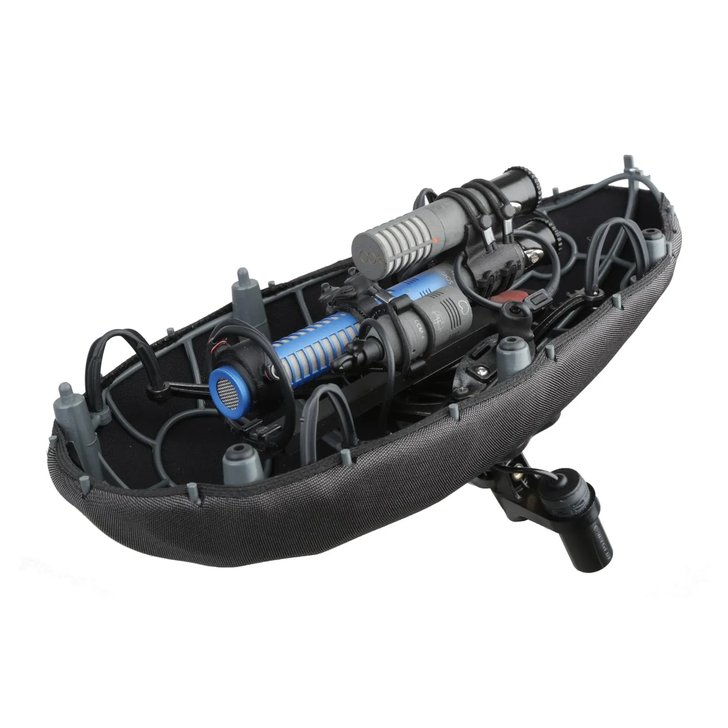 Cinela PIANISSIMO Double MS Windshield: Schoeps KMIT, two CMC 1 U, and a CMC 1 L in the suspension module, cage open.