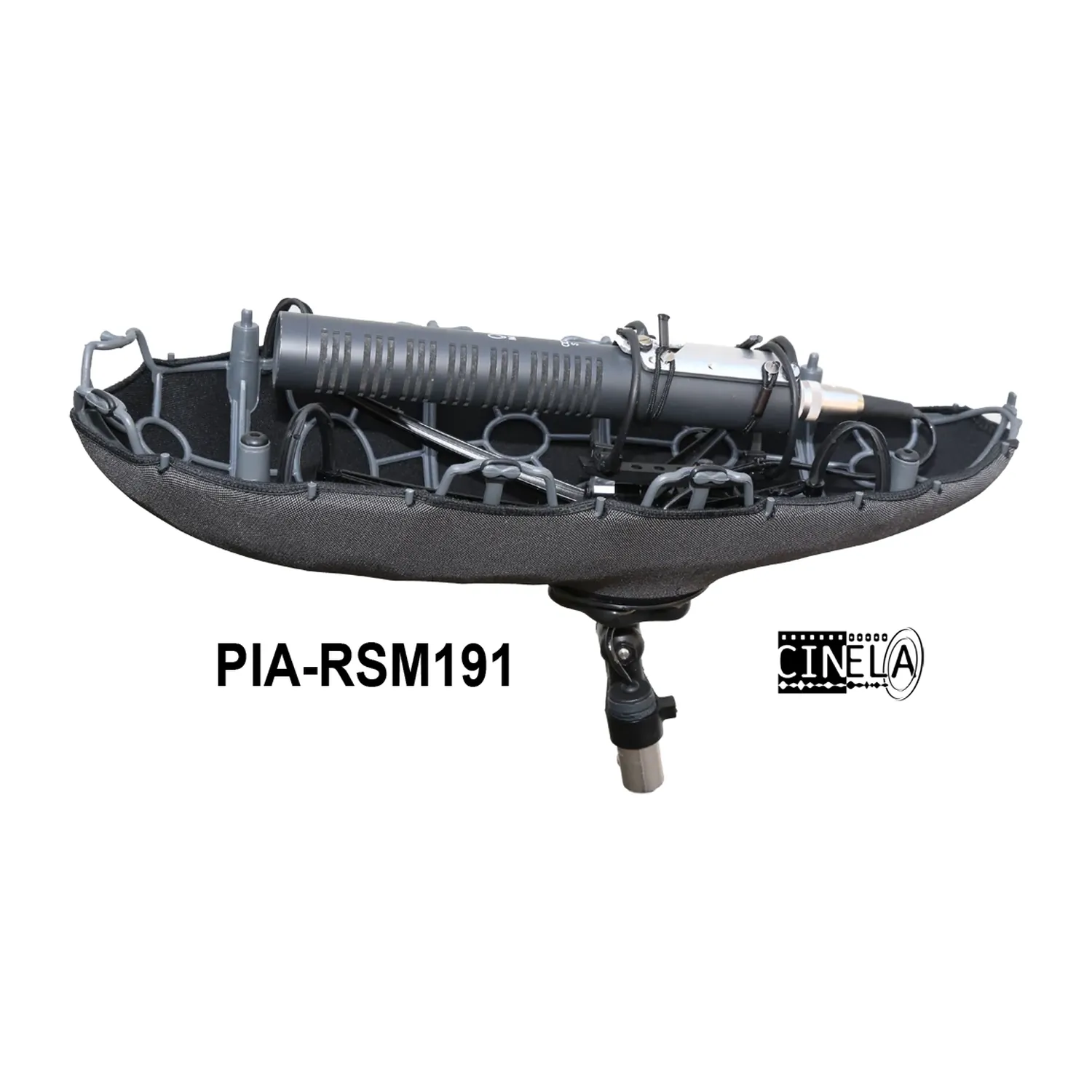 Cinela PIANO MS and Double MS Windshields: the PIA-RSM191 with its top cage off, holding a Neumann RSM 191, with its name and the Cinela logo.