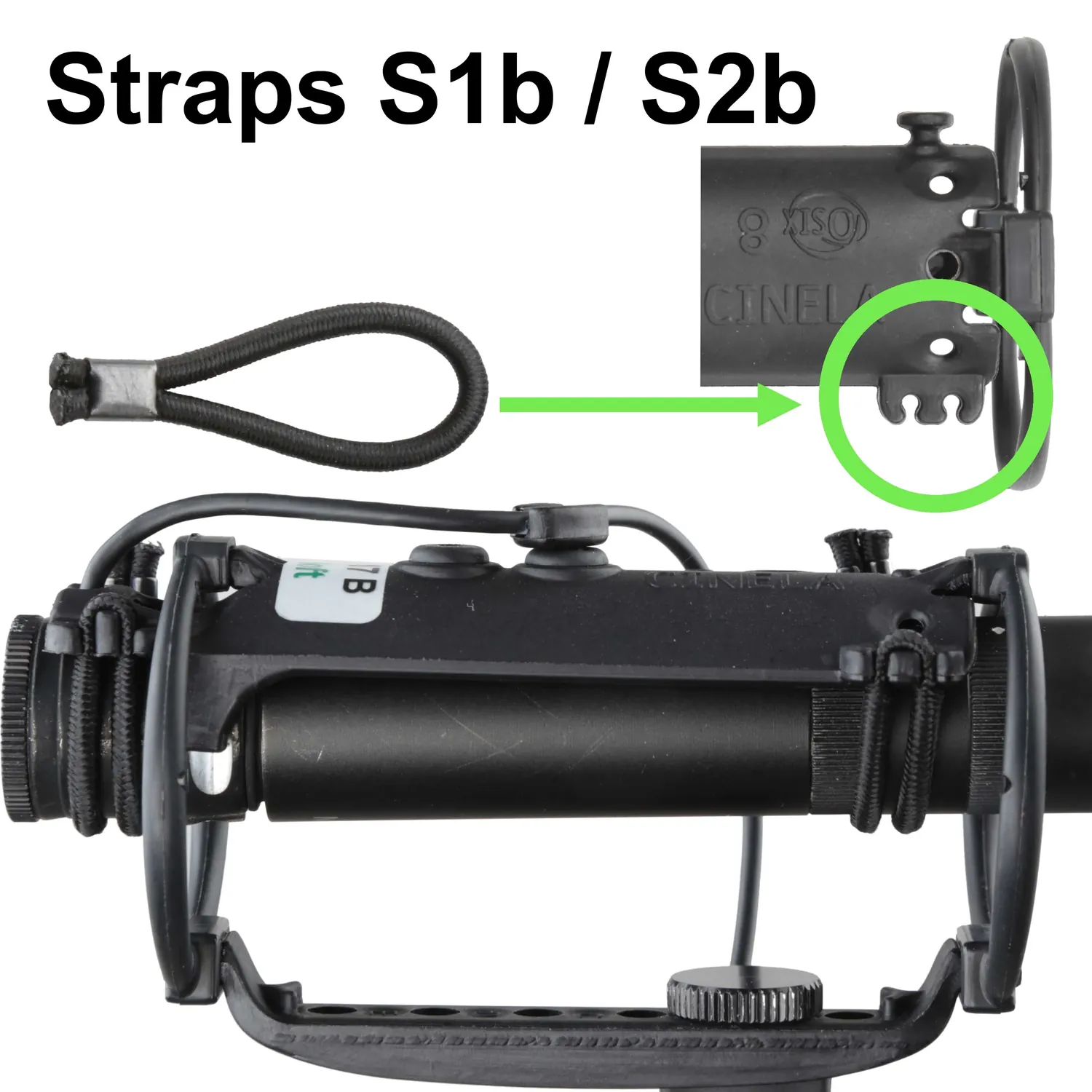 Cinela Microphone Straps: an S1b strap and where it hooks on an E-OSIX module, with Cinela's callouts.