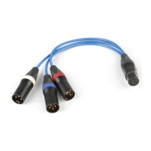 Cinela Extension Cables and Splitters: The splitter with its 7-pin female XLR and three 3-pin male XLRs.