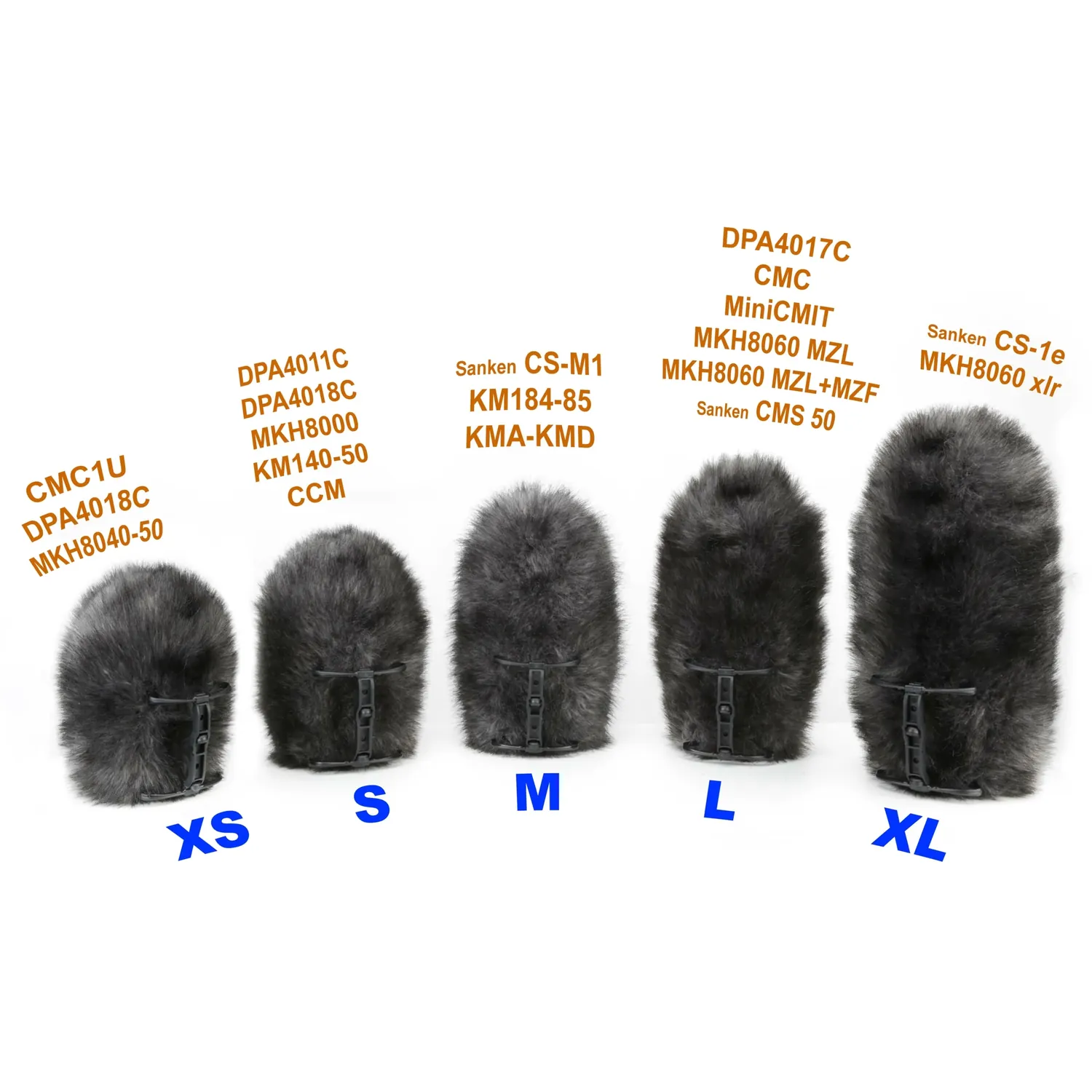 Cinela COSI Windshield: Cinela chart of the five COSI cage sizes, XS to XL, with the microphones each fits.