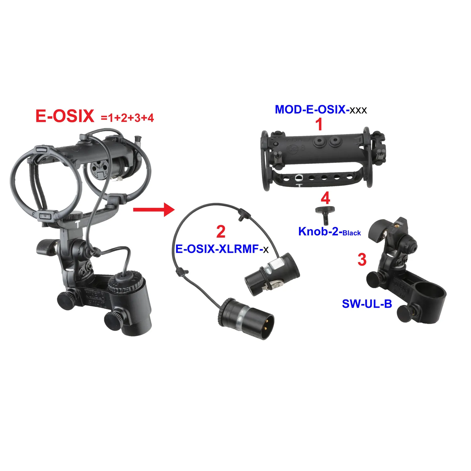 Cinela E-OSIX Cables and Parts diagram showing a complete E-OSIX beside its four parts: the suspension module, the female-to-male XLR cable, the SW-UL-B swivel base, and the black knob.