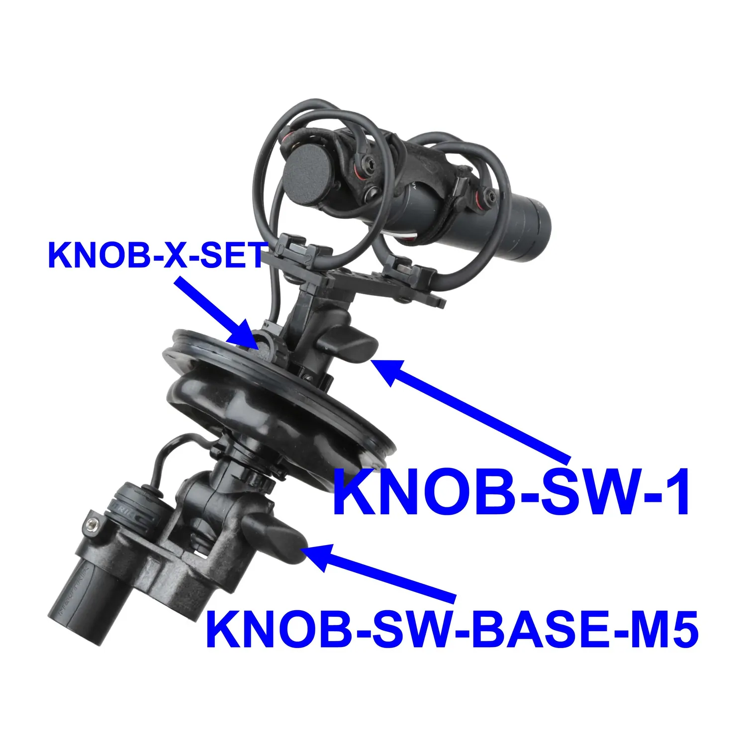 Cinela Replacement Knobs: Cinela's labeled photo of the KNOB-X-SET, KNOB-SW-1, and KNOB-SW-BASE-M5 on an X-SET suspension.