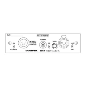 Comtek BST 25-216 Synthesized Base Station Transmitter: A drawing of the rear panel with the DC input, BNC antenna, EQ switch, level control, XLR input, and line and mic switch.