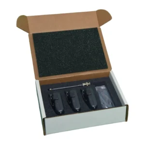 Comtek FPM-216 Field Program Monitoring Kit: The kit in its open storage box, with the transmitter, two receivers, and the antenna.