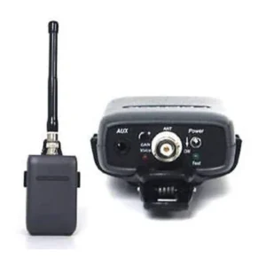 Comtek M-216 Option P7 Portable Transmitter: The transmitter with its whip antenna beside a close view of the top panel with the AUX input and BNC connector.