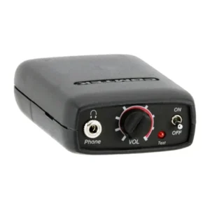 Comtek PR-216 Personal Receiver 216-217 MHz: The black receiver with its headphone jack, volume knob, and power switch on the top panel.