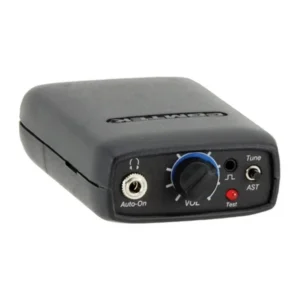 Comtek PR-75a AutoSmart-Tuning Personal Receiver: The receiver with its headphone jack, volume knob, and tune button.