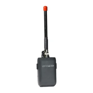 Comtek SLW-216B Base-Loaded Whip Antenna: The antenna fitted to an M-216 Option P7 transmitter in its pouch.