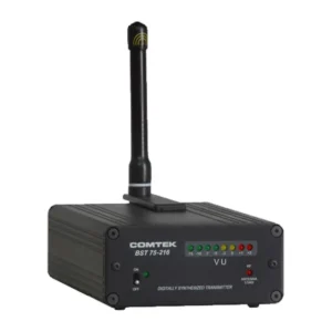Comtek BST 75-216 Mini Base Station: The compact black transmitter with its whip antenna and the front panel VU meter.