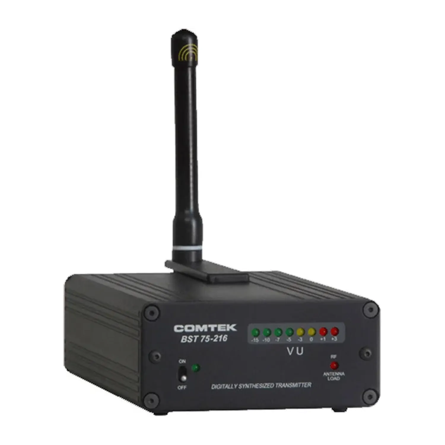 Comtek BST 75-216 Mini Base Station: The compact black transmitter with its whip antenna and the front panel VU meter.