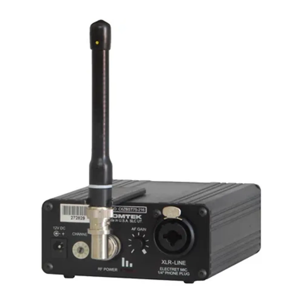 Comtek BST 75-216 Mini Base Station: The rear panel with the antenna, power, channel switch, and XLR combo input.