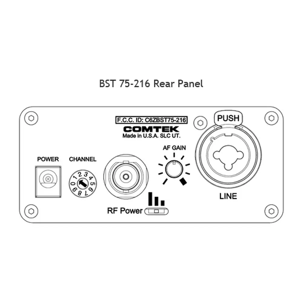 Comtek BST 75-216 Mini Base Station: A drawing of the rear panel with the power jack, channel switch, BNC antenna output, RF power switch, AF gain, and line input.