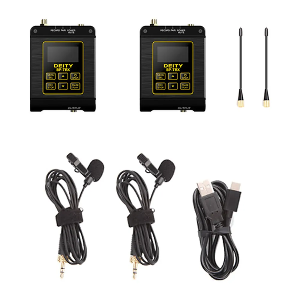 Deity Connect Timecode Kit, two BP-TRX units with lavaliers and cables.