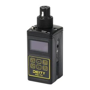 Deity HD-TX Plug-On Transmitter with Built-In Recorder, HD-TX plug-on transmitter front with screen.