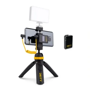 Deity Pocket Wireless Mobile Kit, Pocket Wireless receiver on a phone in the tabletop tripod.