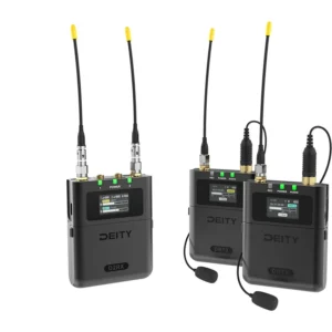 Deity THEOS 2-Channel Digital Wireless Kit, D2RX receiver and two DBTX transmitters with lavaliers.