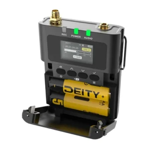 Deity THEOS 2-Channel Digital Wireless Kit, DBTX transmitter with its battery door open.