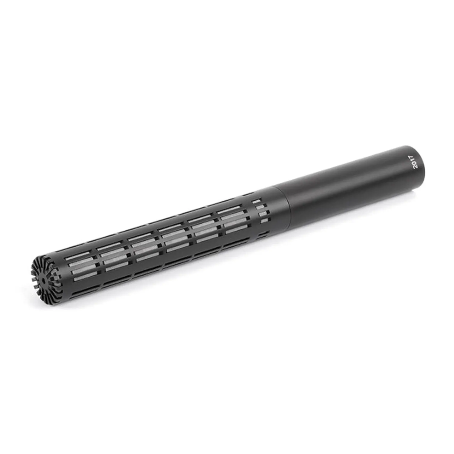 DPA 2017 Shotgun Microphone: The black shotgun mic at an angle.