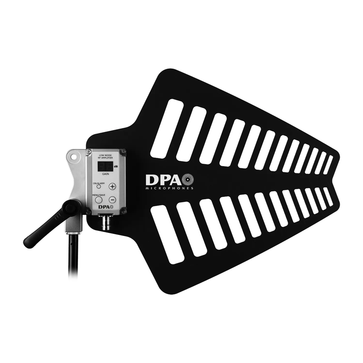 DPA ANT202A Active Directional Antenna: The black log periodic antenna with its booster housing and display on a stand.