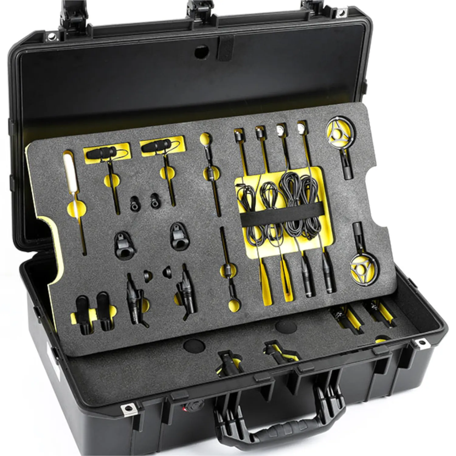 DPA DLS4000 Location Sound Microphone Kit: The open case with the kit's mics and accessories in yellow-lined foam.