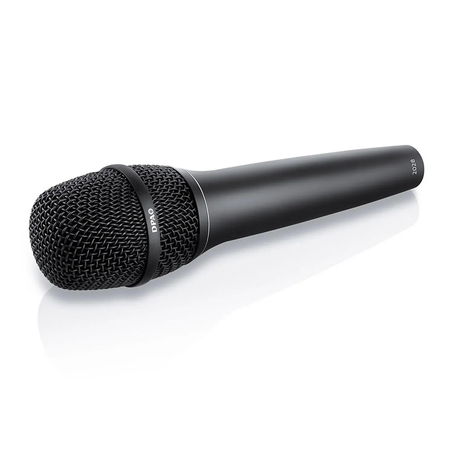DPA 2028 Supercardioid Handheld Vocal Microphone: The black vocal mic on its wired handle.