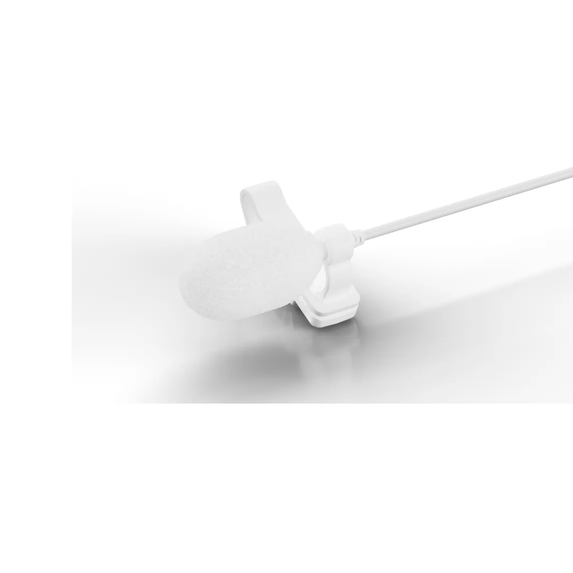 DPA 2061 Omnidirectional Lavalier Microphone: The white mic in its clip with the foam windscreen.