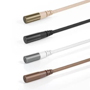DPA 6060 and 6061 CORE Subminiature Lavalier Microphone: The 3 mm capsule in beige, black, white, and brown on their cables.