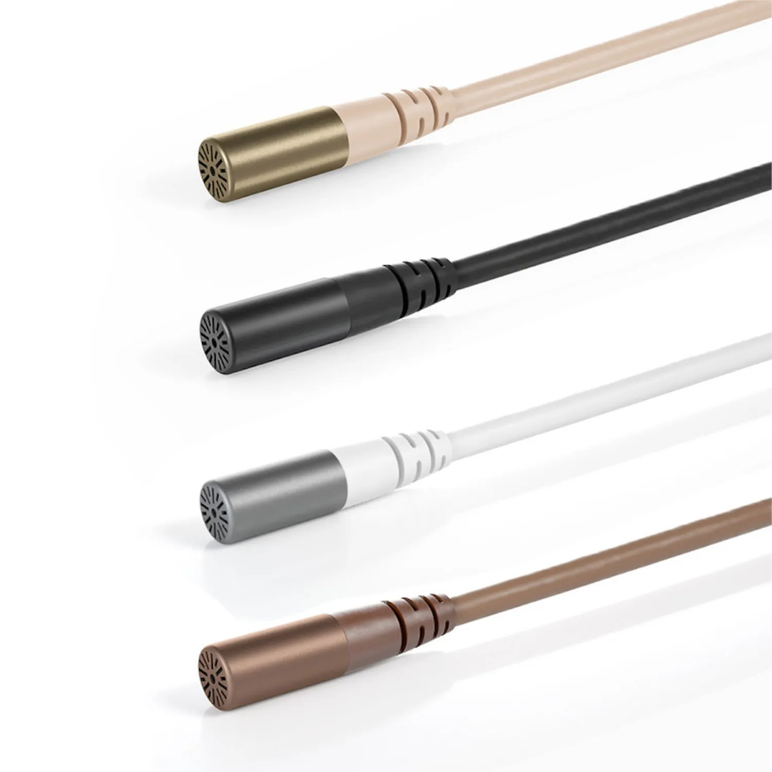 DPA 6060 and 6061 CORE Subminiature Lavalier Microphone: The 3 mm capsule in beige, black, white, and brown on their cables.