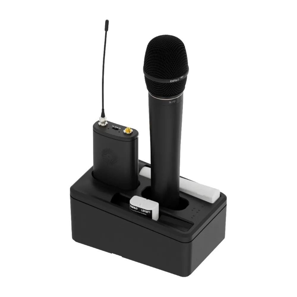 DPA CH0202 Battery Charging Dock: A bodypack and a handheld transmitter charging in the dock.