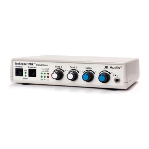 JK Audio innkeeper PBX Desktop Digital Hybrid for PBX Phones: The front panel with its Handset and Broadcast buttons and level controls.