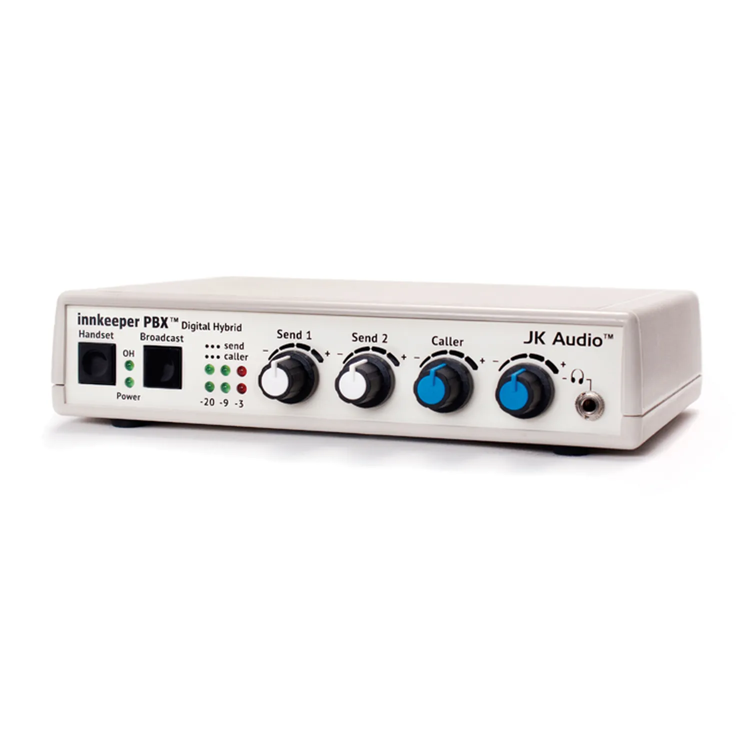 JK Audio innkeeper PBX Desktop Digital Hybrid for PBX Phones: The front panel with its Handset and Broadcast buttons and level controls.