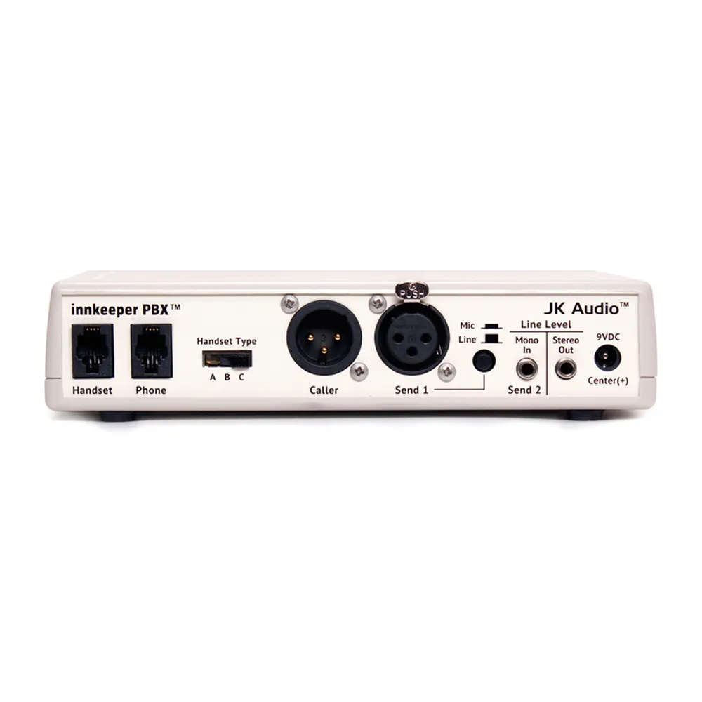 JK Audio innkeeper PBX Desktop Digital Hybrid for PBX Phones: The rear panel with its handset selector, XLR, and 3.5 mm jacks.