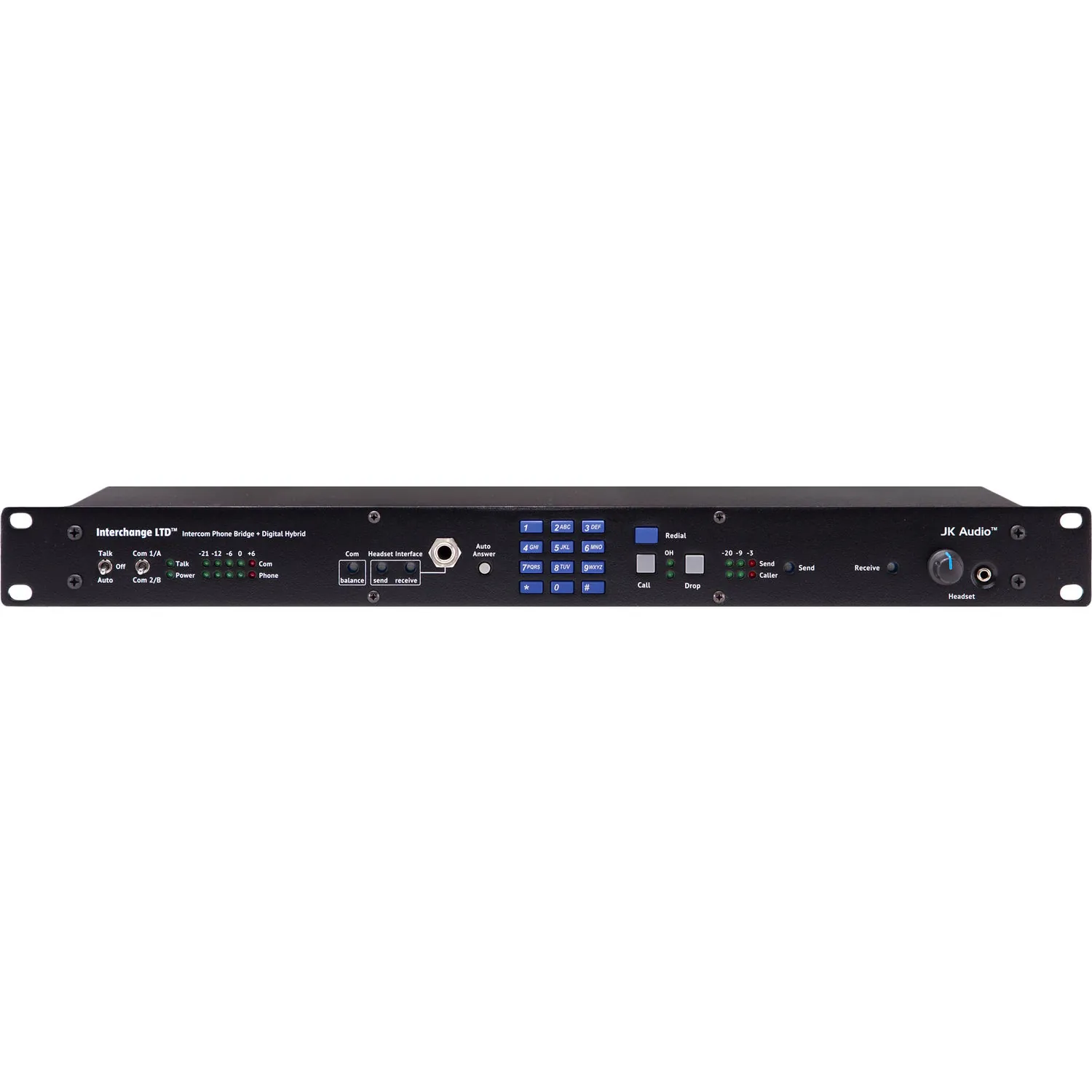 JK Audio Interchange LTD Intercom Phone Bridge + Digital Hybrid: The 1RU front panel with its keypad, meters, and headset jacks.