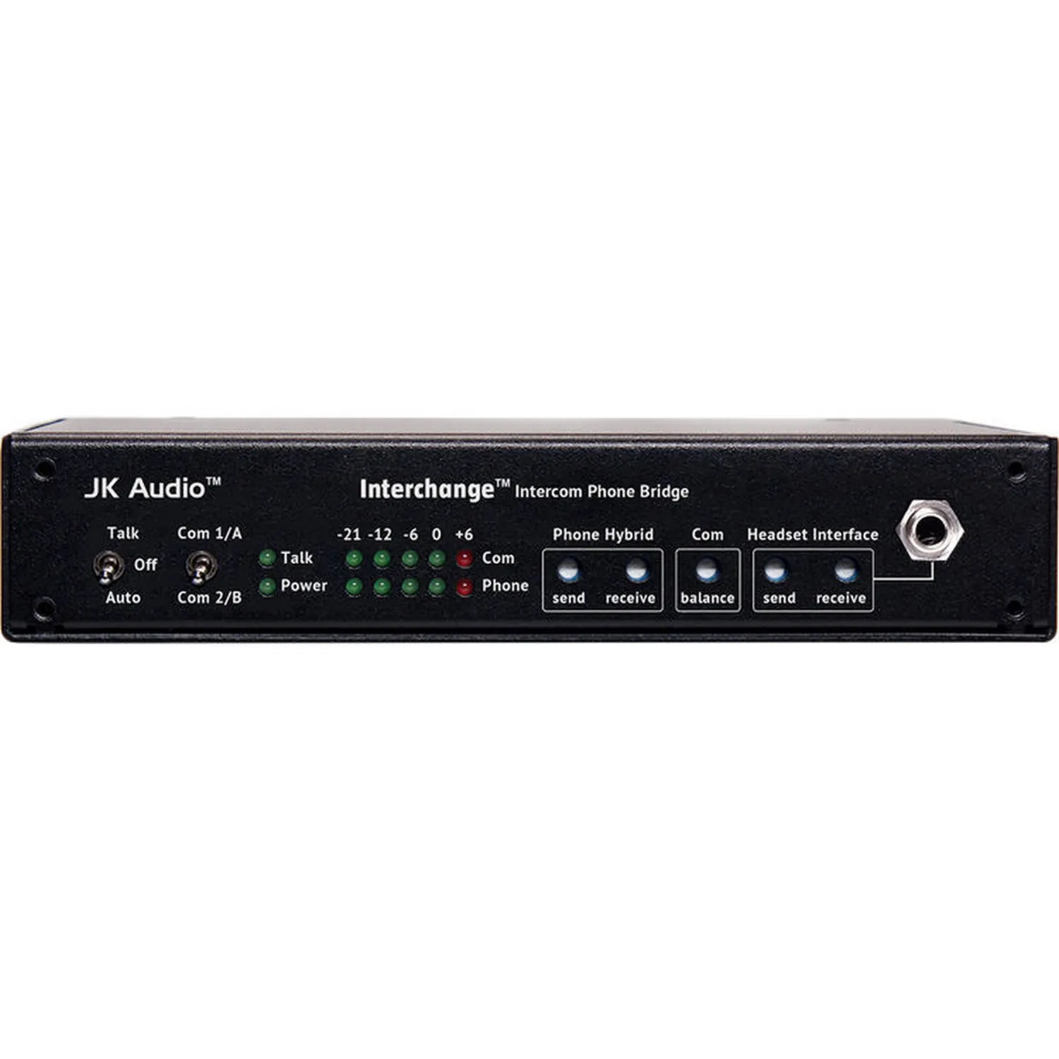 JK Audio Interchange Intercom Phone Bridge: The front panel with its talk switches, meters, and level controls.