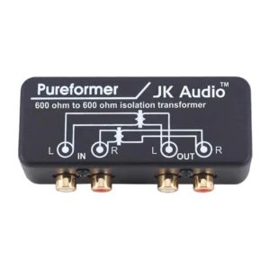 JK Audio Pureformer Stereo Isolation Transformer: The transformer box with its RCA inputs and outputs.
