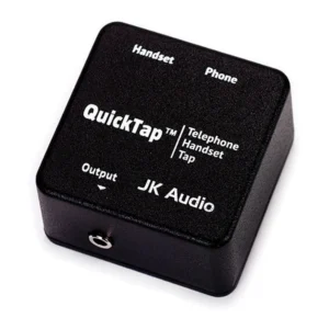 JK Audio QuickTap Telephone Handset Tap: The small black tap with its handset, phone, and output jacks.