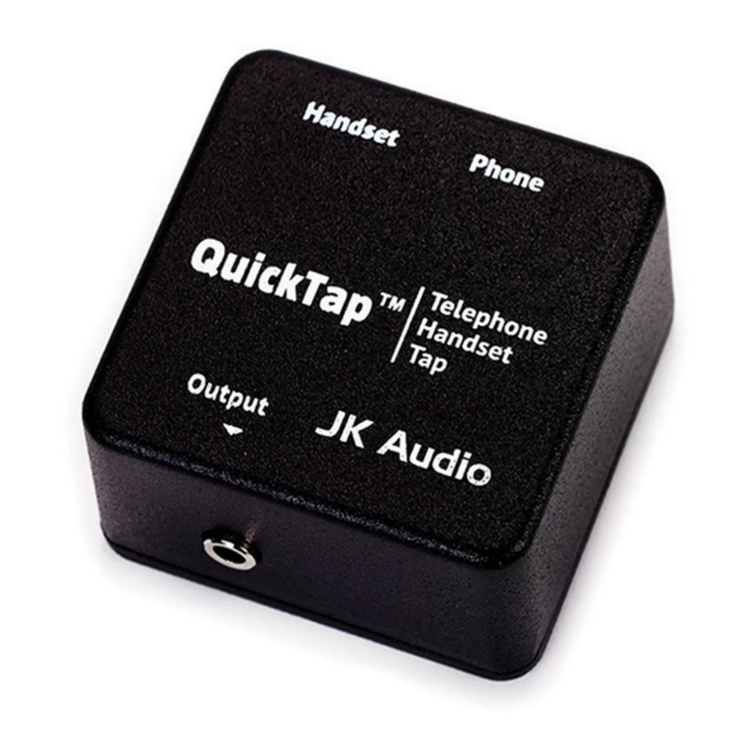 JK Audio QuickTap Telephone Handset Tap: The small black tap with its handset, phone, and output jacks.