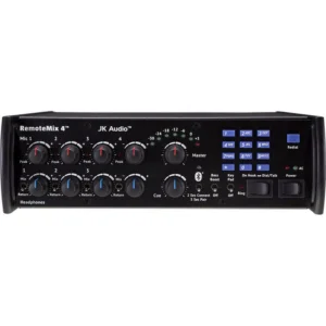 JK Audio RemoteMix 4 Four-Channel Broadcast Field Mixer: The front panel with its level controls, keypad, and headphone jacks.