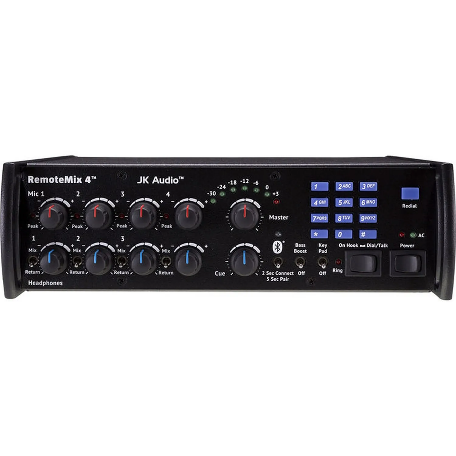 JK Audio RemoteMix 4 Four-Channel Broadcast Field Mixer: The front panel with its level controls, keypad, and headphone jacks.