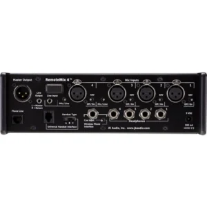 JK Audio RemoteMix 4 Four-Channel Broadcast Field Mixer: The rear panel with its four XLR mic inputs and phone line jack.