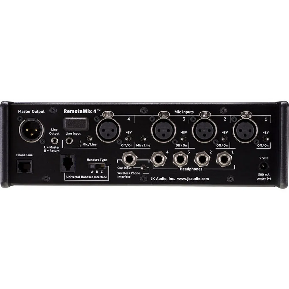 JK Audio RemoteMix 4 Four-Channel Broadcast Field Mixer: The rear panel with its four XLR mic inputs and phone line jack.