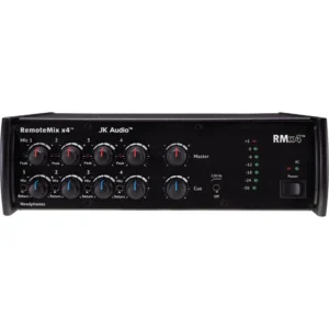 JK Audio RemoteMix x4 Four-Channel Broadcast Field Mixer: The front panel with its level controls, meter, and headphone jacks.