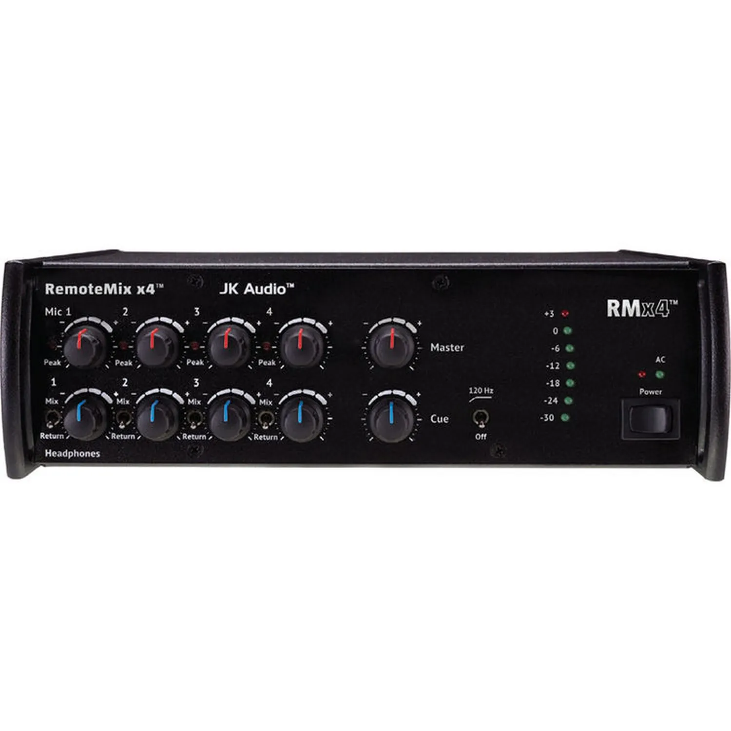 JK Audio RemoteMix x4 Four-Channel Broadcast Field Mixer: The front panel with its level controls, meter, and headphone jacks.