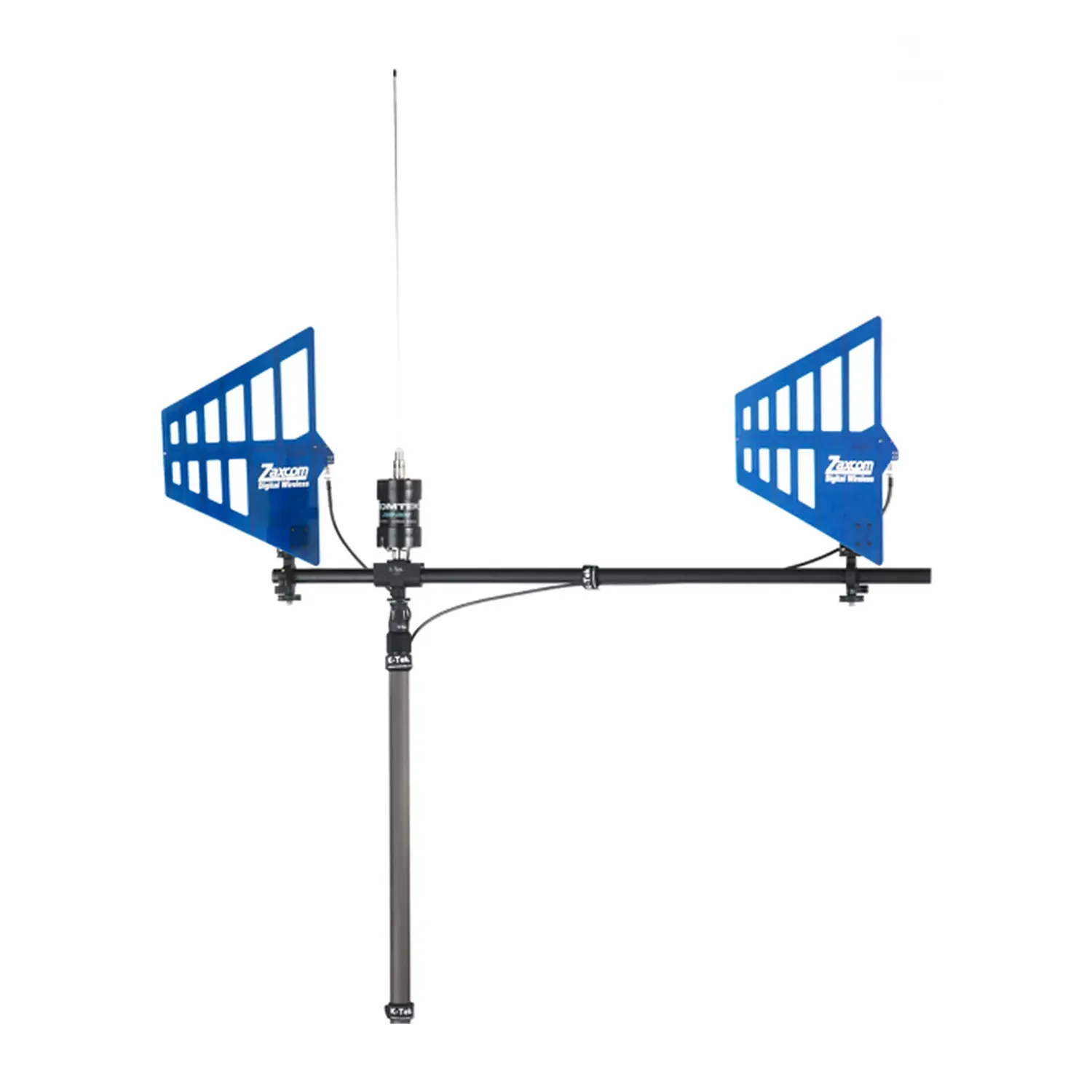 K-Tek KAML L Shark Antenna Mount (3 ft): the mount on a pole, holding two blue Zaxcom shark fin antennas and a whip antenna.