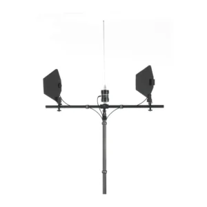 K-Tek KAMT T Shark Antenna Mount (4 ft): the mount on a stand, carrying two shark fin antennas and an IFB antenna.