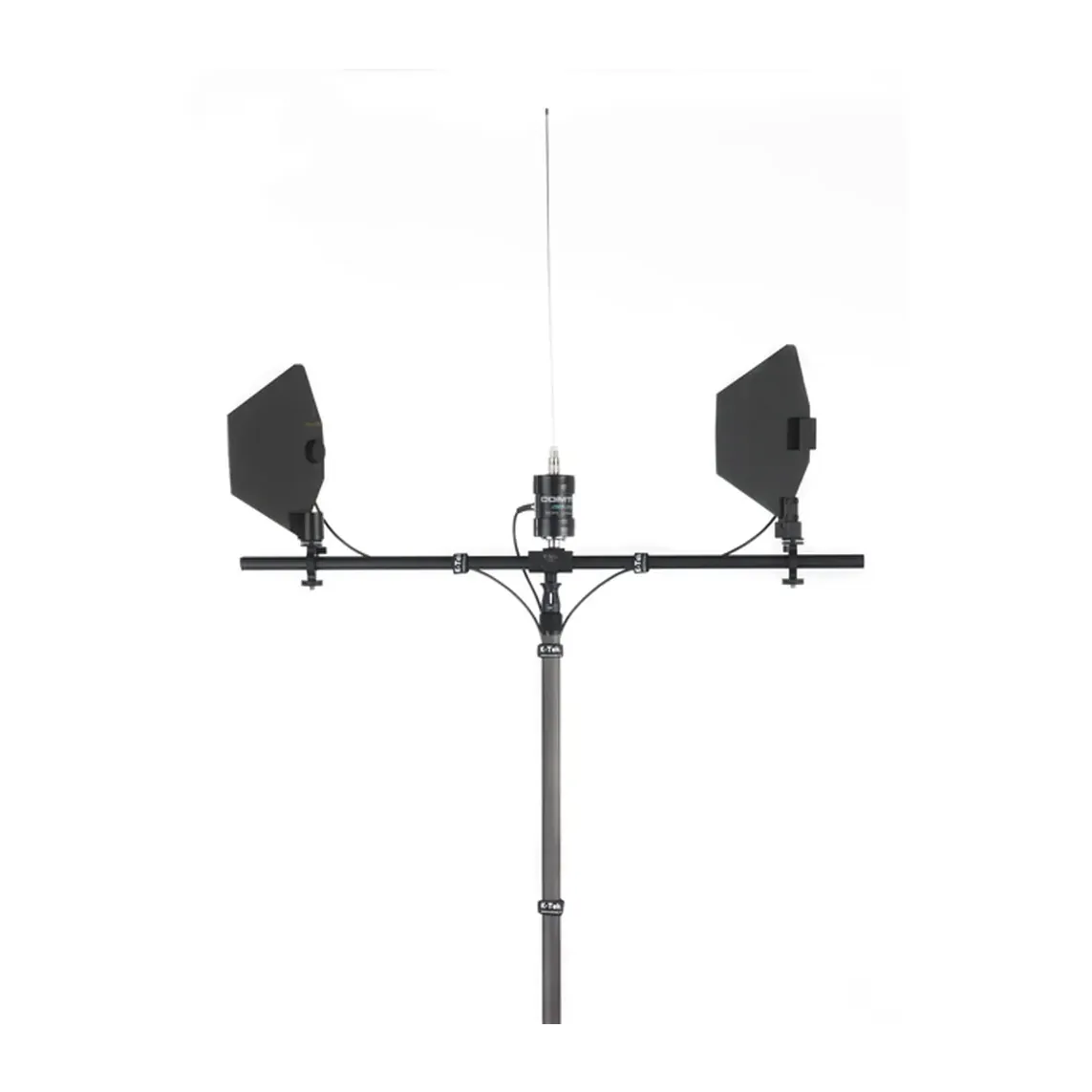 K-Tek KAMT T Shark Antenna Mount (4 ft): the mount on a stand, carrying two shark fin antennas and an IFB antenna.