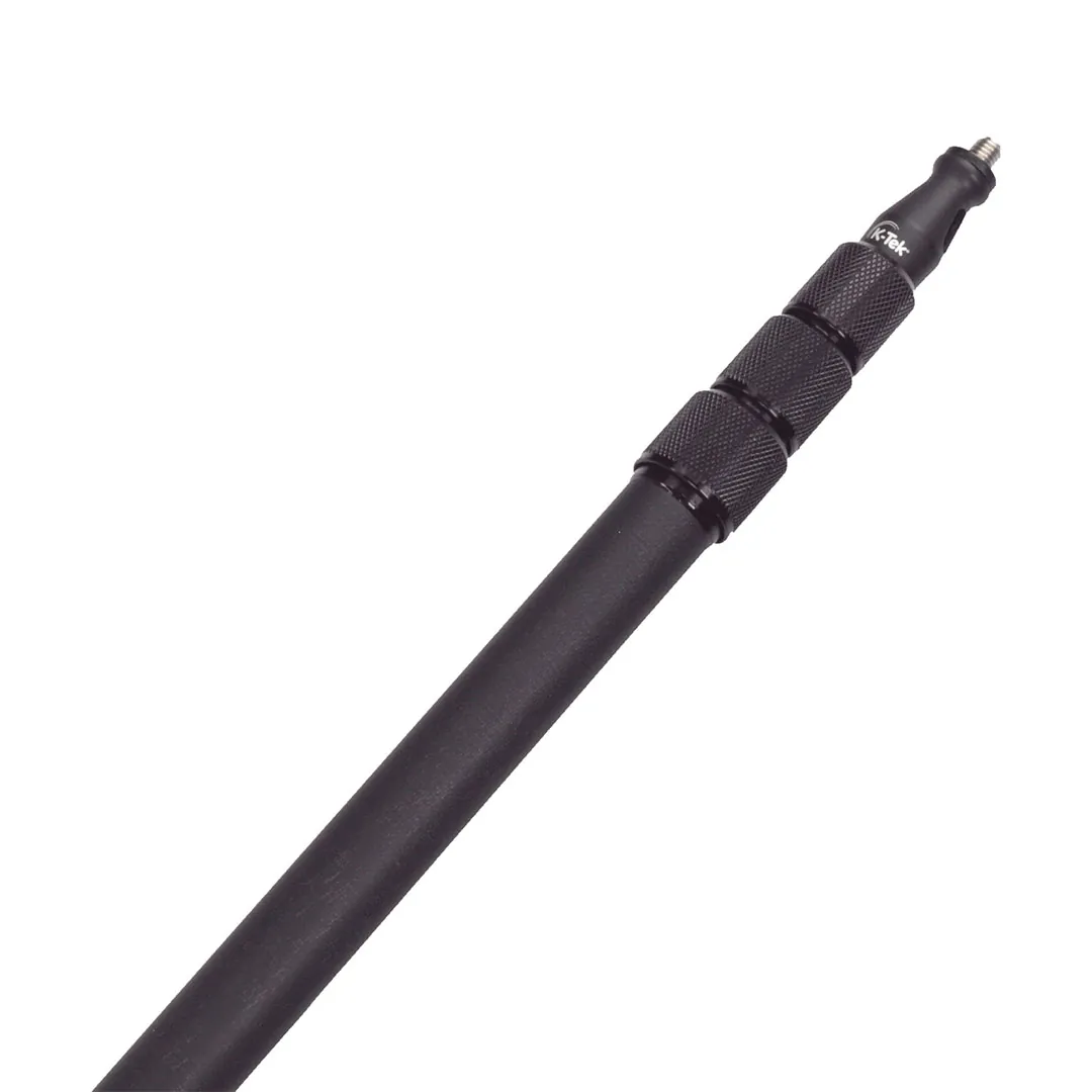 K-Tek KC88 Indie Boom Pole: the extended top sections and knurled collars, with the 3/8-16 male thread.