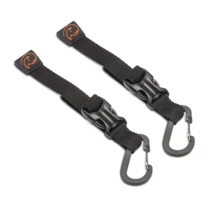 K-Tek KCH3 Stingray Cable Hanger with Buckle (Black): the two black hangers with their buckles and mini carabiners.
