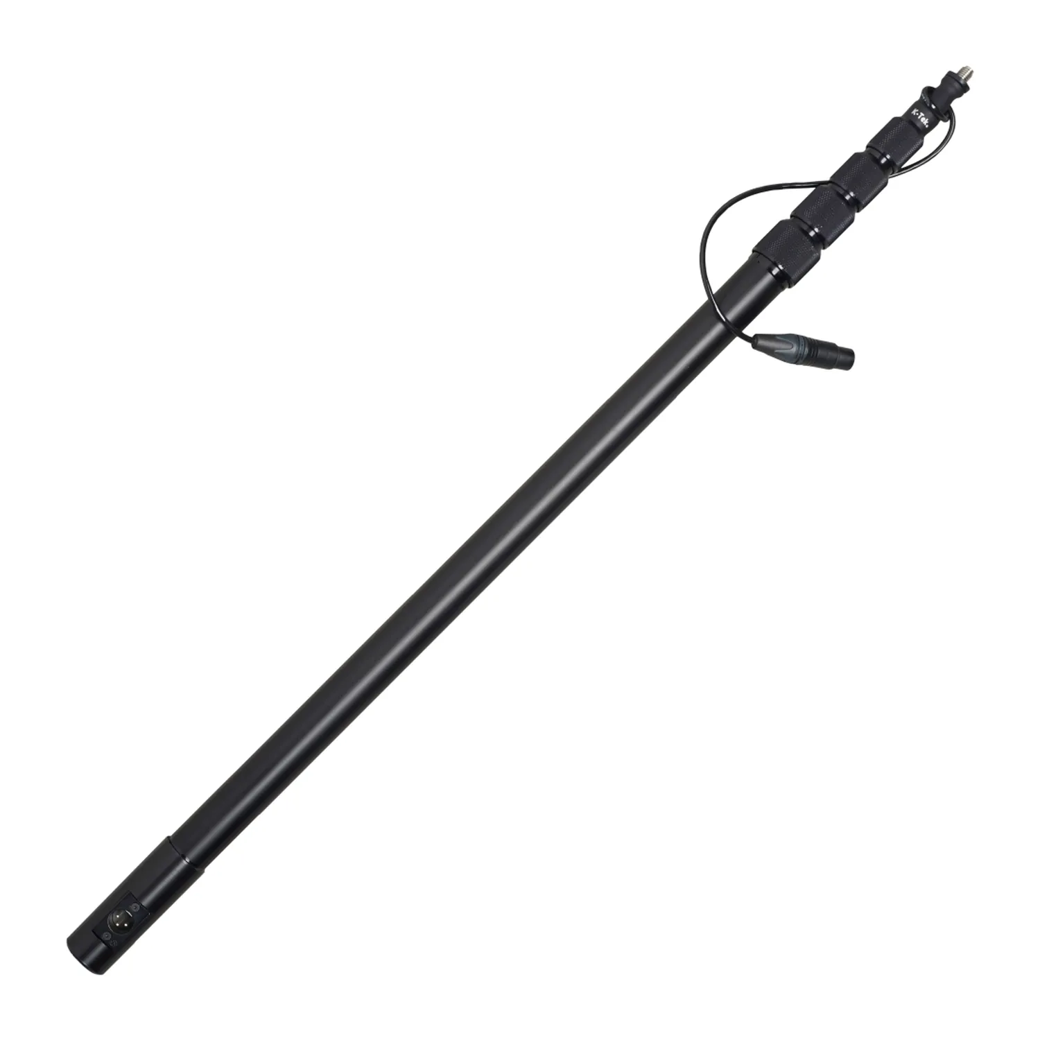 K-Tek KE110 Avalon Aluminum Boom Pole - Coiled Cable, Side XLR: the pole with its coiled cable and side XLR, shown at an angle.